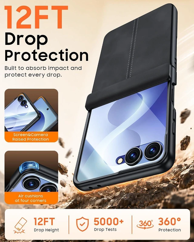 Alt view image 3 of 7 - Case for Galaxy Z Flip 8 with Hinge Protection & Screen Protector, Ultra-Thin Slim Matte PU Leather PC Shockproof Cover, Scratch-Resistant Bumper Protective Case for Samsung Z Flip 8 - Black