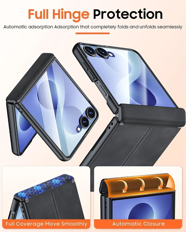 Alt view image 4 of 7 - Case for Galaxy Z Flip 8 with Hinge Protection & Screen Protector, Ultra-Thin Slim Matte PU Leather PC Shockproof Cover, Scratch-Resistant Bumper Protective Case for Samsung Z Flip 8 - Black