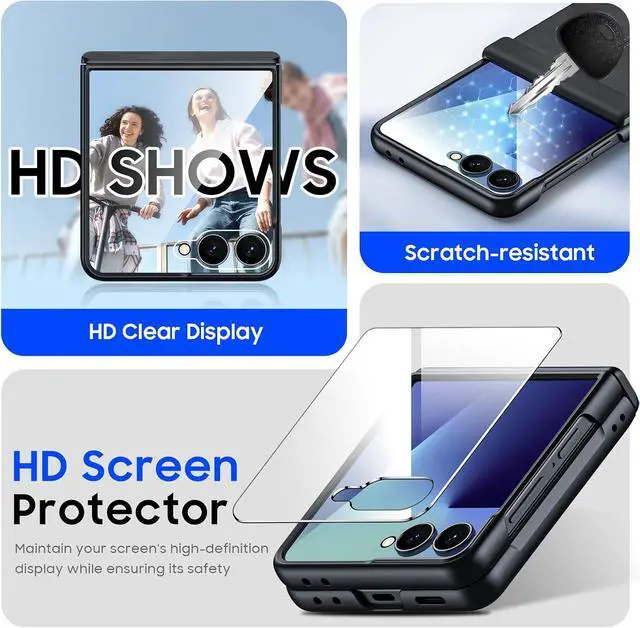 Alt view image 4 of 7 - Case for Galaxy Z Flip 7 with Hinge Protection & Screen Protector, Ultra-Thin Slim Matte PU Leather PC Shockproof Cover, Scratch-Resistant Bumper Protective Case for Samsung Z Flip 7 - Black