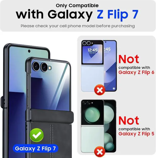 Alt view image 2 of 7 - Case for Galaxy Z Flip 7 with Hinge Protection & Screen Protector, Ultra-Thin Slim Matte PU Leather PC Shockproof Cover, Scratch-Resistant Bumper Protective Case for Samsung Z Flip 7 - Black