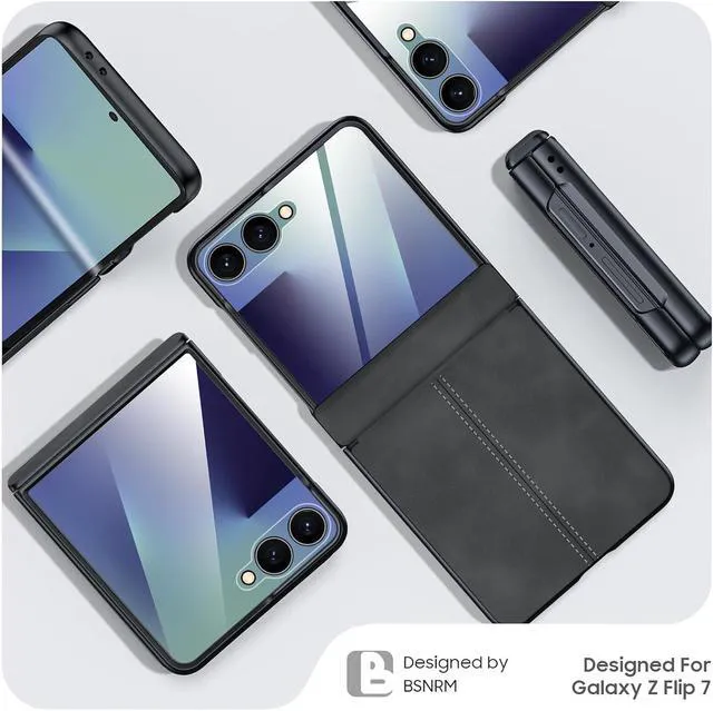 Alt view image 5 of 7 - Case for Galaxy Z Flip 7 with Hinge Protection & Screen Protector, Ultra-Thin Slim Matte PU Leather PC Shockproof Cover, Scratch-Resistant Bumper Protective Case for Samsung Z Flip 7 - Black