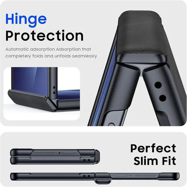 Alt view image 3 of 7 - Case for Galaxy Z Flip 7 with Hinge Protection & Screen Protector, Ultra-Thin Slim Matte PU Leather PC Shockproof Cover, Scratch-Resistant Bumper Protective Case for Samsung Z Flip 7 - Black
