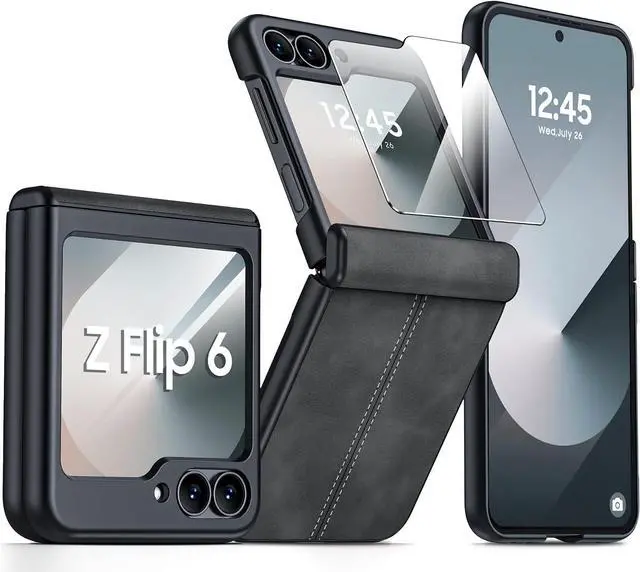 Main image of Case for Samsung Galaxy Z Flip 6 / Z Flip 7 FE with Hinge Protection & Built-in Screen Protector, Ultra Thin Leather Shockproof Cover Phone Case for Galaxy Z Flip 6/Z Flip 7 FE- Black