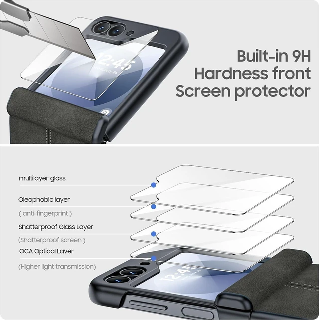 Alt view image 4 of 7 - Case for Samsung Galaxy Z Flip 6 / Z Flip 7 FE with Hinge Protection & Built-in Screen Protector, Ultra Thin Leather Shockproof Cover Phone Case for Galaxy Z Flip 6/Z Flip 7 FE- Black