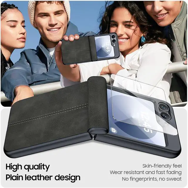 Alt view image 5 of 7 - Case for Samsung Galaxy Z Flip 6 / Z Flip 7 FE with Hinge Protection & Built-in Screen Protector, Ultra Thin Leather Shockproof Cover Phone Case for Galaxy Z Flip 6/Z Flip 7 FE- Black