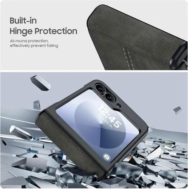 Alt view image 6 of 7 - Case for Samsung Galaxy Z Flip 6 / Z Flip 7 FE with Hinge Protection & Built-in Screen Protector, Ultra Thin Leather Shockproof Cover Phone Case for Galaxy Z Flip 6/Z Flip 7 FE- Black