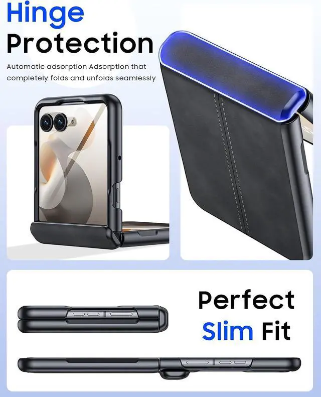 Alt view image 5 of 7 - Case for Motorola Razr Ultra 2026 Case/Razr Ultra 2025 with Hinge Protection & Built-in Screen Protector, Ultra-Thin PU Leather Matte PC Shockproof Cover for Razr Ultra 2026/2025 - Black