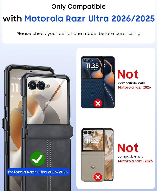 Alt view image 2 of 7 - Case for Motorola Razr Ultra 2026 Case/Razr Ultra 2025 with Hinge Protection & Built-in Screen Protector, Ultra-Thin PU Leather Matte PC Shockproof Cover for Razr Ultra 2026/2025 - Black