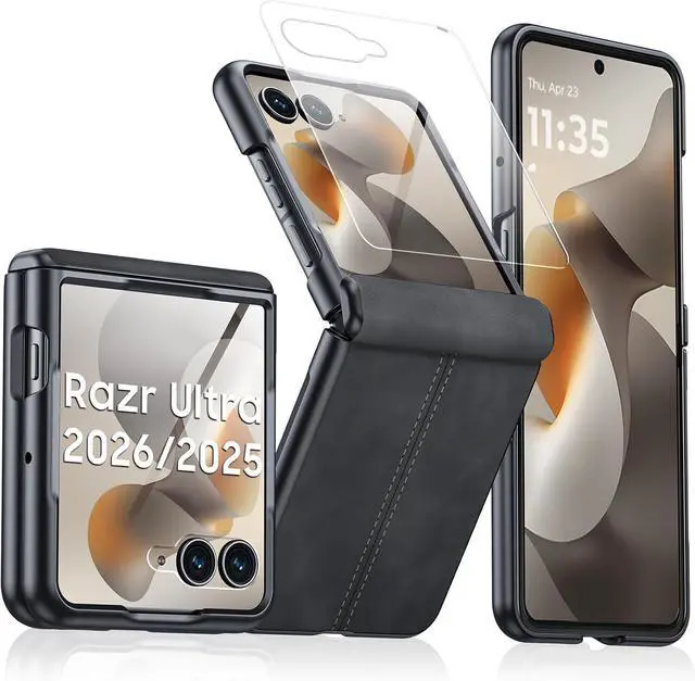 Main image of Case for Motorola Razr Ultra 2026 Case/Razr Ultra 2025 with Hinge Protection & Built-in Screen Protector, Ultra-Thin PU Leather Matte PC Shockproof Cover for Razr Ultra 2026/2025 - Black