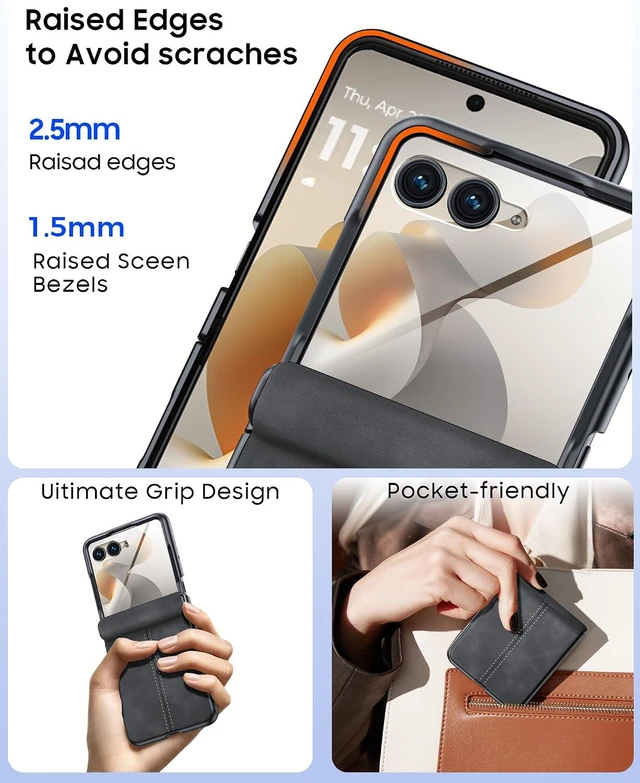 Alt view image 6 of 7 - Case for Motorola Razr Ultra 2026 Case/Razr Ultra 2025 with Hinge Protection & Built-in Screen Protector, Ultra-Thin PU Leather Matte PC Shockproof Cover for Razr Ultra 2026/2025 - Black