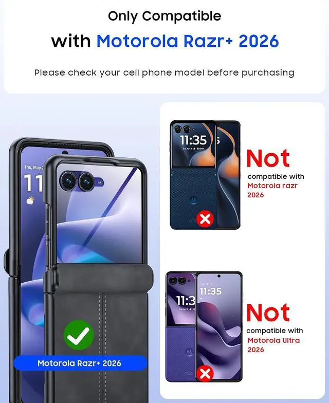 Alt view image 2 of 7 - Case for Motorola Razr+ Plus 2026 / Razr+ Plus 2025 2024 with Hinge Protection & Built-in Outer Screen Protector, PU Leather Matte PC Shockproof Cover, Slim Case for Razr+ 2026/2025/2024 -Black