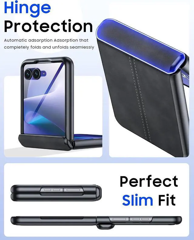 Alt view image 4 of 7 - Case for Motorola Razr+ Plus 2026 / Razr+ Plus 2025 2024 with Hinge Protection & Built-in Outer Screen Protector, PU Leather Matte PC Shockproof Cover, Slim Case for Razr+ 2026/2025/2024 -Black