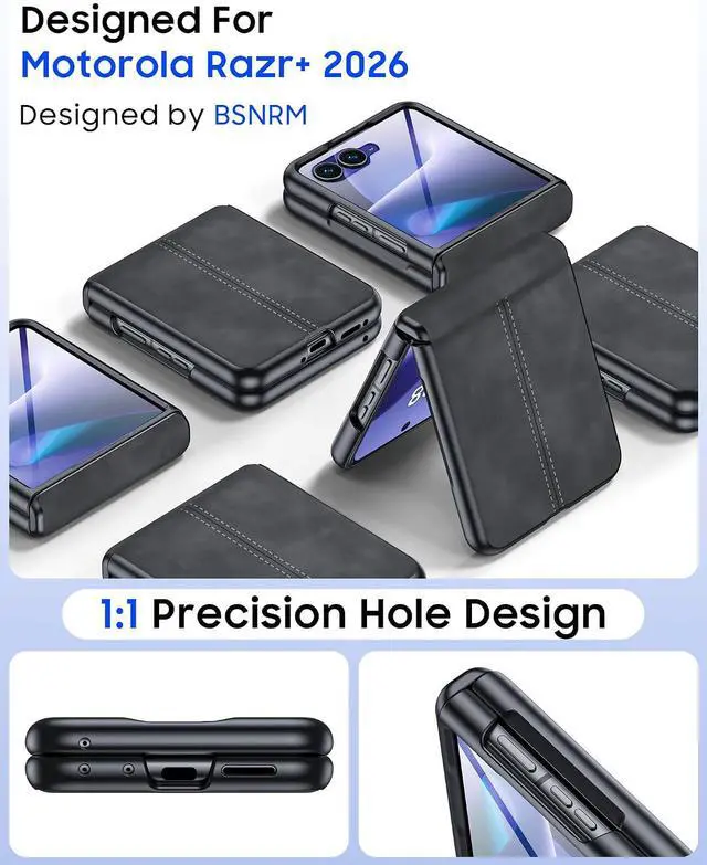 Alt view image 7 of 7 - Case for Motorola Razr+ Plus 2026 / Razr+ Plus 2025 2024 with Hinge Protection & Built-in Outer Screen Protector, PU Leather Matte PC Shockproof Cover, Slim Case for Razr+ 2026/2025/2024 -Black