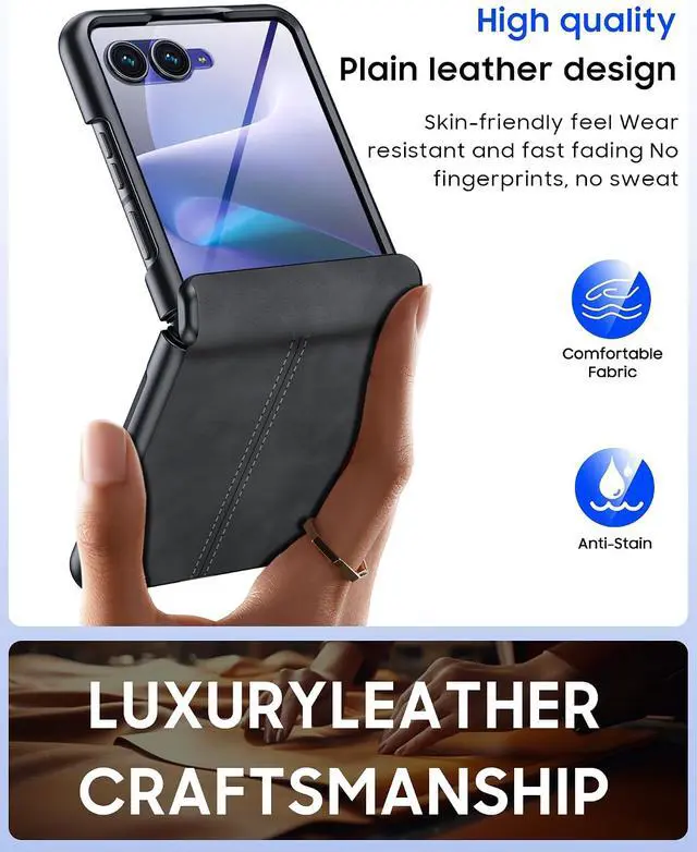 Alt view image 6 of 7 - Case for Motorola Razr+ Plus 2026 / Razr+ Plus 2025 2024 with Hinge Protection & Built-in Outer Screen Protector, PU Leather Matte PC Shockproof Cover, Slim Case for Razr+ 2026/2025/2024 -Black