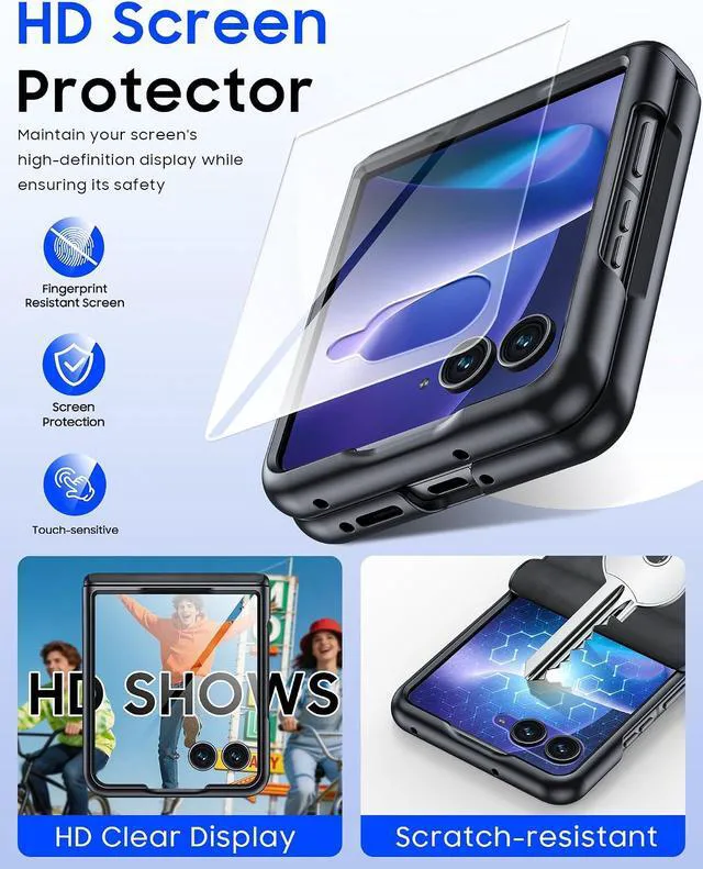 Alt view image 3 of 7 - Case for Motorola Razr+ Plus 2026 / Razr+ Plus 2025 2024 with Hinge Protection & Built-in Outer Screen Protector, PU Leather Matte PC Shockproof Cover, Slim Case for Razr+ 2026/2025/2024 -Black
