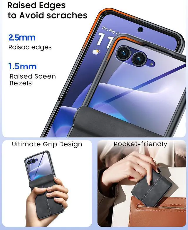 Alt view image 5 of 7 - Case for Motorola Razr+ Plus 2026 / Razr+ Plus 2025 2024 with Hinge Protection & Built-in Outer Screen Protector, PU Leather Matte PC Shockproof Cover, Slim Case for Razr+ 2026/2025/2024 -Black