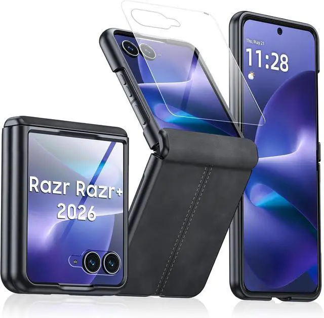 Main image of Case for Motorola Razr+ Plus 2026 / Razr+ Plus 2025 2024 with Hinge Protection & Built-in Outer Screen Protector, PU Leather Matte PC Shockproof Cover, Slim Case for Razr+ 2026/2025/2024 -Black
