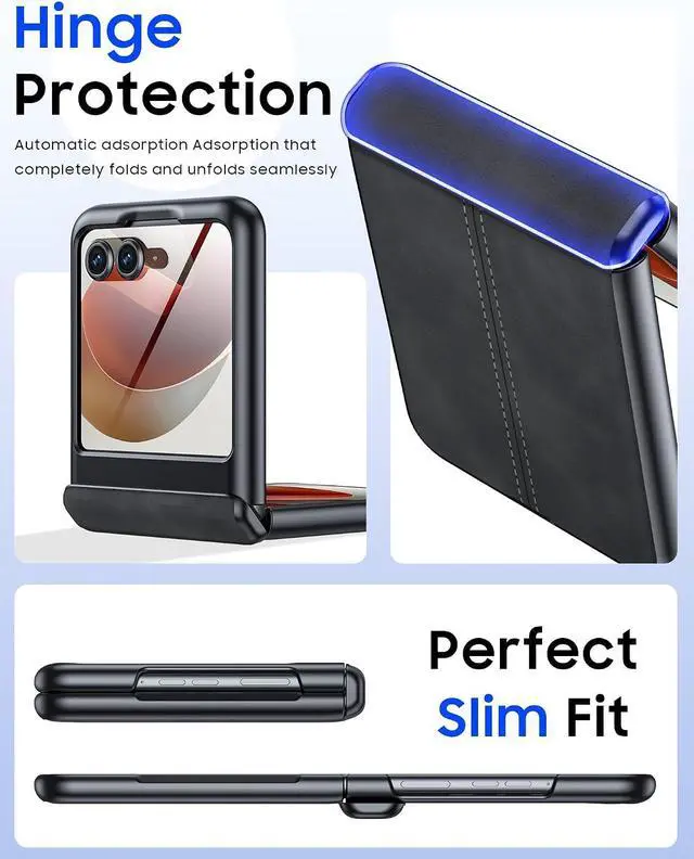 Alt view image 4 of 7 - Case for Motorola Razr 2026/2025/2024 with Hinge Protection & Built-in Outer Screen Protector, Ultra-Thin PU Leather Shockproof Cover, Slim Protective Phone Case for Moto Razr 2026/2025/2024 Black