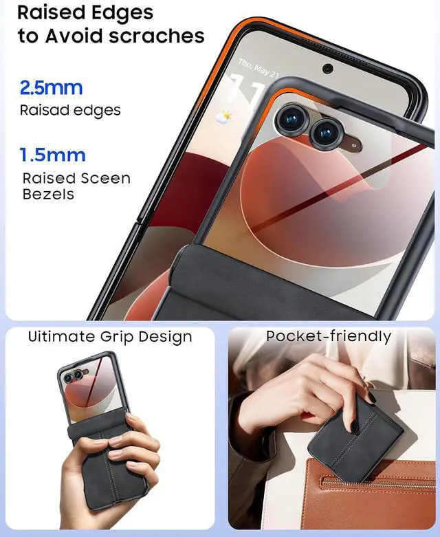 Alt view image 6 of 7 - Case for Motorola Razr 2026/2025/2024 with Hinge Protection & Built-in Outer Screen Protector, Ultra-Thin PU Leather Shockproof Cover, Slim Protective Phone Case for Moto Razr 2026/2025/2024 Black