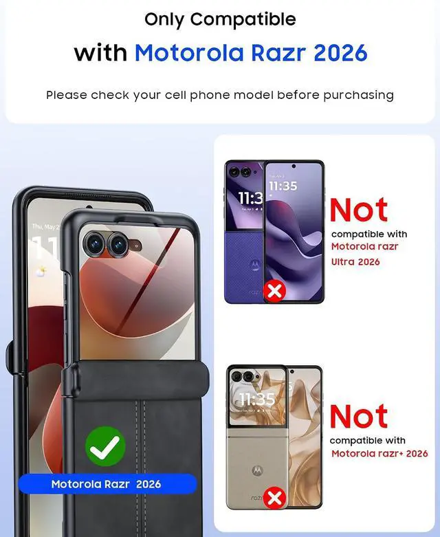 Alt view image 2 of 7 - Case for Motorola Razr 2026/2025/2024 with Hinge Protection & Built-in Outer Screen Protector, Ultra-Thin PU Leather Shockproof Cover, Slim Protective Phone Case for Moto Razr 2026/2025/2024 Black