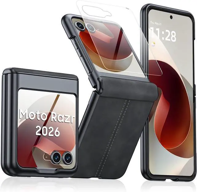 Main image of Case for Motorola Razr 2026/2025/2024 with Hinge Protection & Built-in Outer Screen Protector, Ultra-Thin PU Leather Shockproof Cover, Slim Protective Phone Case for Moto Razr 2026/2025/2024 Black