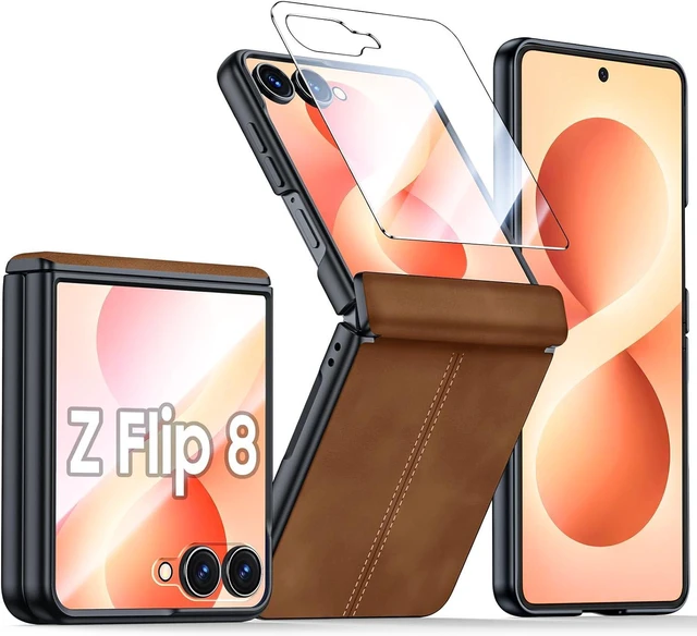 Main image of Case for Galaxy Z Flip 8 with Hinge Protection & Screen Protector, Ultra-Thin Slim Matte PU Leather PC Shockproof Cover, Scratch-Resistant Bumper Protective Case for Samsung Z Flip 8 - Black Brown