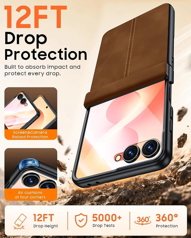 Alt view image 3 of 7 - Case for Galaxy Z Flip 8 with Hinge Protection & Screen Protector, Ultra-Thin Slim Matte PU Leather PC Shockproof Cover, Scratch-Resistant Bumper Protective Case for Samsung Z Flip 8 - Black Brown