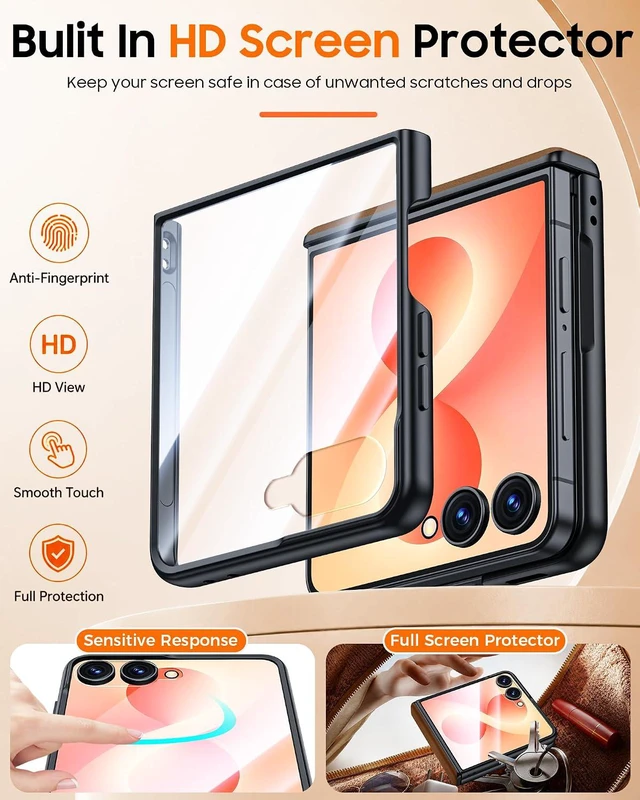 Alt view image 4 of 7 - Case for Galaxy Z Flip 8 with Hinge Protection & Screen Protector, Ultra-Thin Slim Matte PU Leather PC Shockproof Cover, Scratch-Resistant Bumper Protective Case for Samsung Z Flip 8 - Black Brown