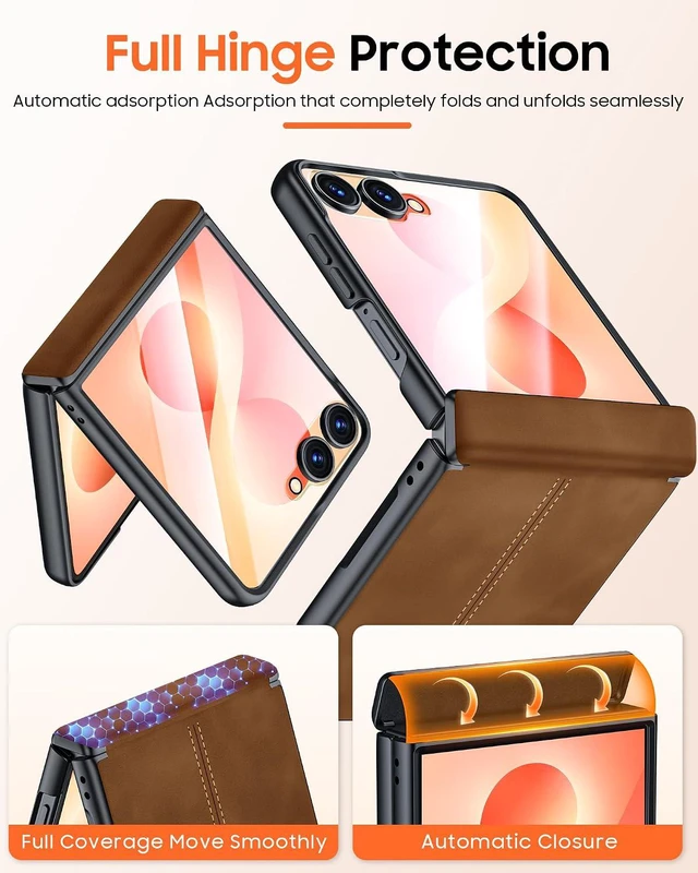 Alt view image 6 of 7 - Case for Galaxy Z Flip 8 with Hinge Protection & Screen Protector, Ultra-Thin Slim Matte PU Leather PC Shockproof Cover, Scratch-Resistant Bumper Protective Case for Samsung Z Flip 8 - Black Brown