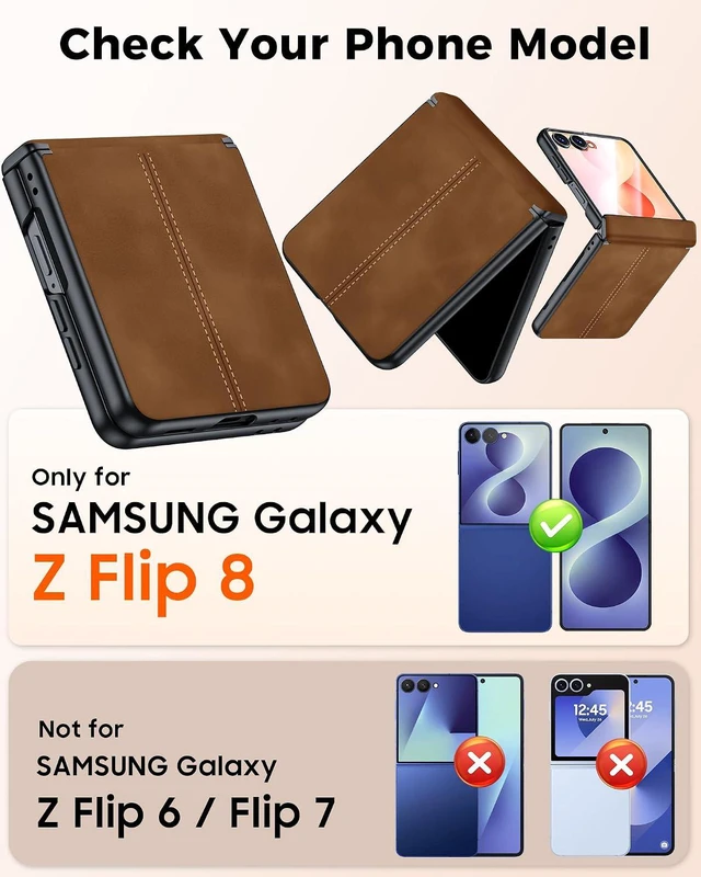 Alt view image 2 of 7 - Case for Galaxy Z Flip 8 with Hinge Protection & Screen Protector, Ultra-Thin Slim Matte PU Leather PC Shockproof Cover, Scratch-Resistant Bumper Protective Case for Samsung Z Flip 8 - Black Brown