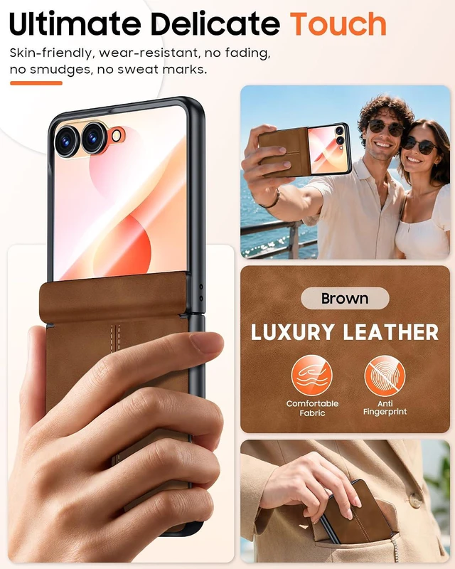 Alt view image 5 of 7 - Case for Galaxy Z Flip 8 with Hinge Protection & Screen Protector, Ultra-Thin Slim Matte PU Leather PC Shockproof Cover, Scratch-Resistant Bumper Protective Case for Samsung Z Flip 8 - Black Brown