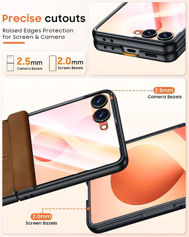 Alt view image 7 of 7 - Case for Galaxy Z Flip 8 with Hinge Protection & Screen Protector, Ultra-Thin Slim Matte PU Leather PC Shockproof Cover, Scratch-Resistant Bumper Protective Case for Samsung Z Flip 8 - Black Brown