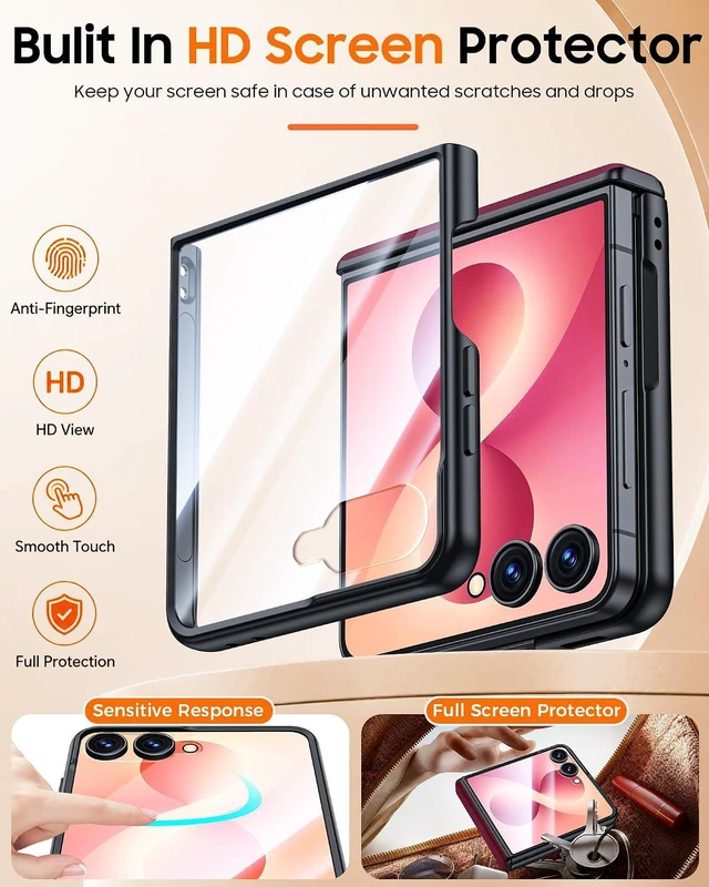 Alt view image 5 of 7 - Case for Galaxy Z Flip 8 with Hinge Protection & Screen Protector, Ultra-Thin Slim Matte PU Leather PC Shockproof Cover, Scratch-Resistant Bumper Protective Case for Samsung Z Flip 8 - Black Red
