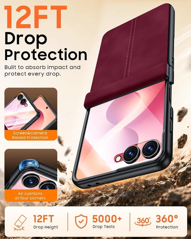 Alt view image 6 of 7 - Case for Galaxy Z Flip 8 with Hinge Protection & Screen Protector, Ultra-Thin Slim Matte PU Leather PC Shockproof Cover, Scratch-Resistant Bumper Protective Case for Samsung Z Flip 8 - Black Red