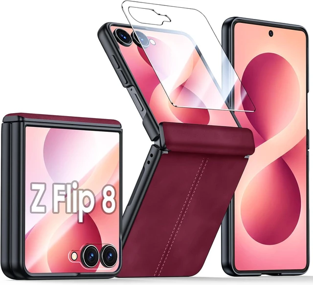 Main image of Case for Galaxy Z Flip 8 with Hinge Protection & Screen Protector, Ultra-Thin Slim Matte PU Leather PC Shockproof Cover, Scratch-Resistant Bumper Protective Case for Samsung Z Flip 8 - Black Red
