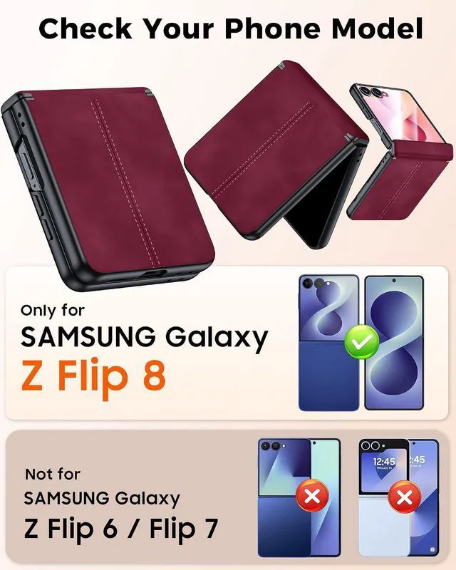 Alt view image 2 of 7 - Case for Galaxy Z Flip 8 with Hinge Protection & Screen Protector, Ultra-Thin Slim Matte PU Leather PC Shockproof Cover, Scratch-Resistant Bumper Protective Case for Samsung Z Flip 8 - Black Red