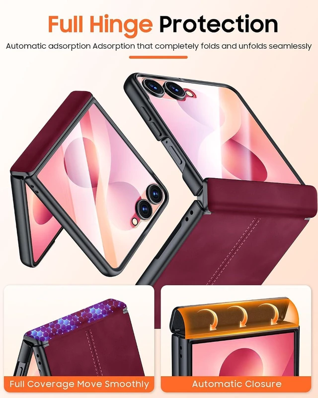 Alt view image 7 of 7 - Case for Galaxy Z Flip 8 with Hinge Protection & Screen Protector, Ultra-Thin Slim Matte PU Leather PC Shockproof Cover, Scratch-Resistant Bumper Protective Case for Samsung Z Flip 8 - Black Red