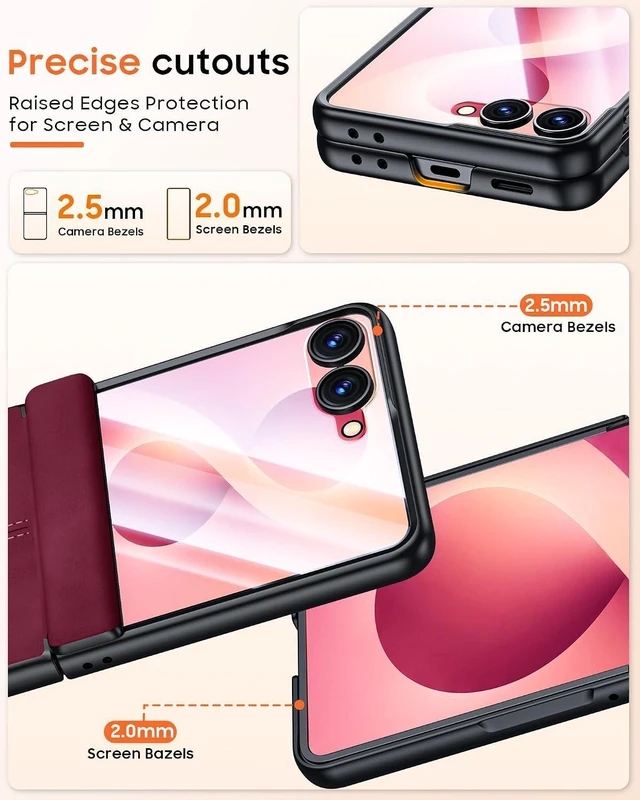 Alt view image 4 of 7 - Case for Galaxy Z Flip 8 with Hinge Protection & Screen Protector, Ultra-Thin Slim Matte PU Leather PC Shockproof Cover, Scratch-Resistant Bumper Protective Case for Samsung Z Flip 8 - Black Red
