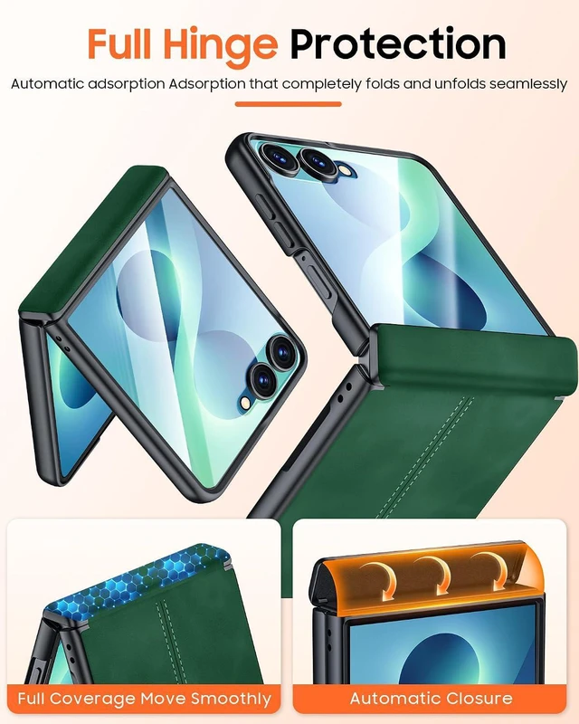 Alt view image 3 of 7 - Case for Galaxy Z Flip 8 with Hinge Protection & Screen Protector, Ultra-Thin Slim Matte PU Leather PC Shockproof Cover, Scratch-Resistant Bumper Protective Case for Samsung Z Flip 8 - Black Green