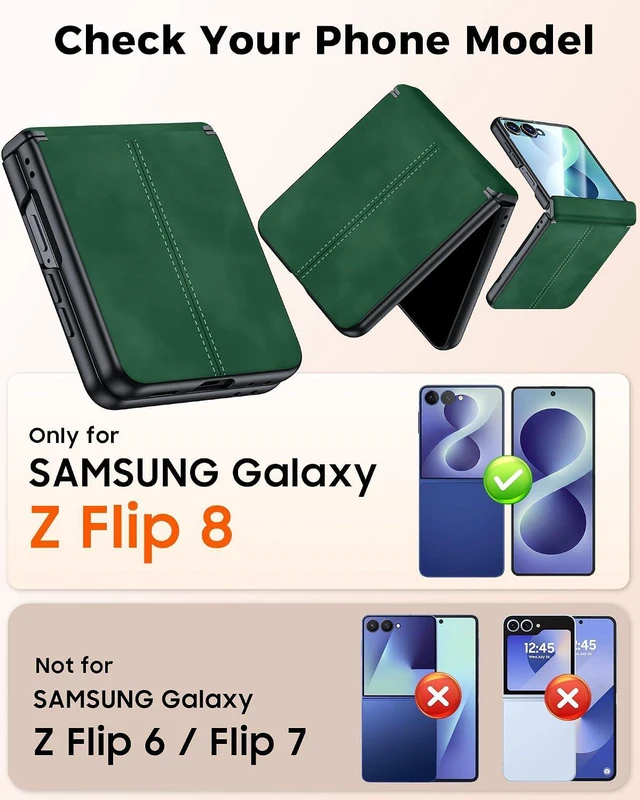 Alt view image 2 of 7 - Case for Galaxy Z Flip 8 with Hinge Protection & Screen Protector, Ultra-Thin Slim Matte PU Leather PC Shockproof Cover, Scratch-Resistant Bumper Protective Case for Samsung Z Flip 8 - Black Green