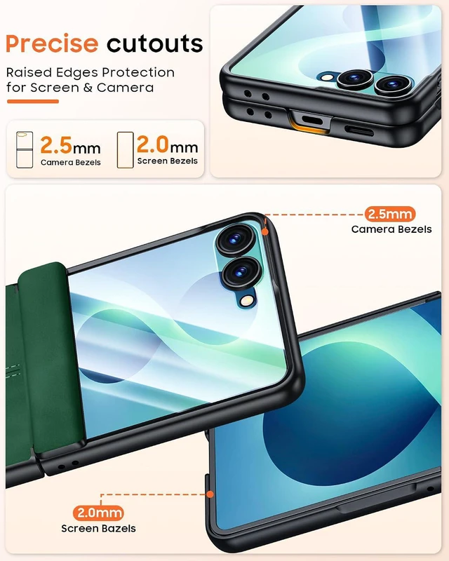 Alt view image 7 of 7 - Case for Galaxy Z Flip 8 with Hinge Protection & Screen Protector, Ultra-Thin Slim Matte PU Leather PC Shockproof Cover, Scratch-Resistant Bumper Protective Case for Samsung Z Flip 8 - Black Green