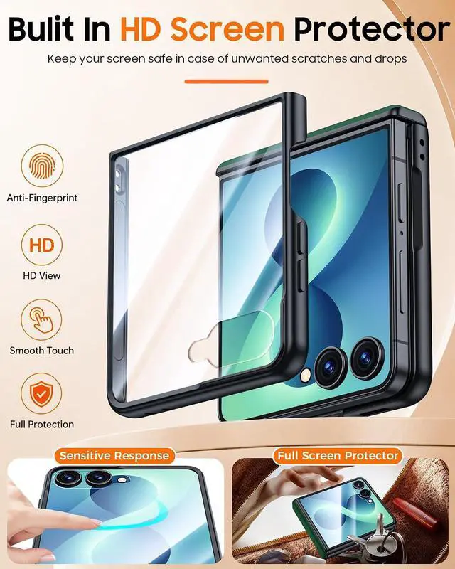 Alt view image 6 of 7 - Case for Galaxy Z Flip 8 with Hinge Protection & Screen Protector, Ultra-Thin Slim Matte PU Leather PC Shockproof Cover, Scratch-Resistant Bumper Protective Case for Samsung Z Flip 8 - Black Green