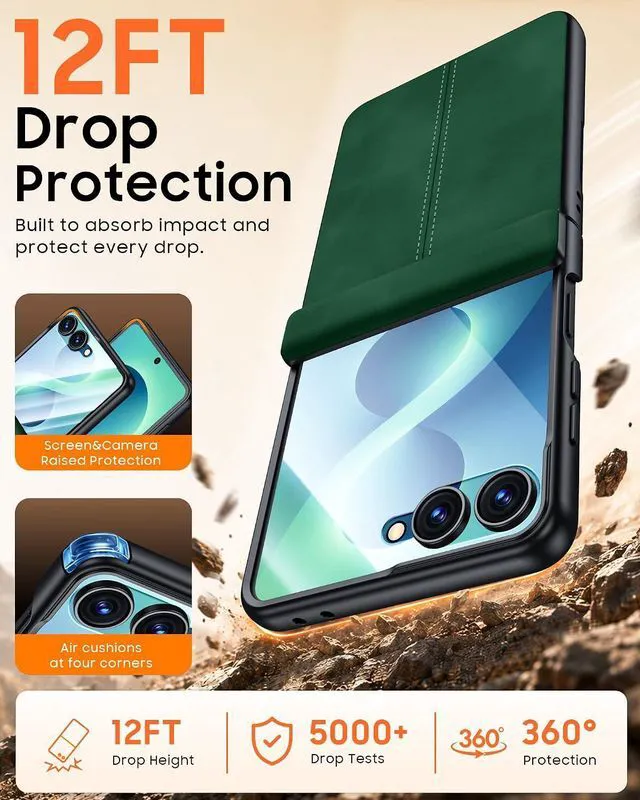 Alt view image 4 of 7 - Case for Galaxy Z Flip 8 with Hinge Protection & Screen Protector, Ultra-Thin Slim Matte PU Leather PC Shockproof Cover, Scratch-Resistant Bumper Protective Case for Samsung Z Flip 8 - Black Green