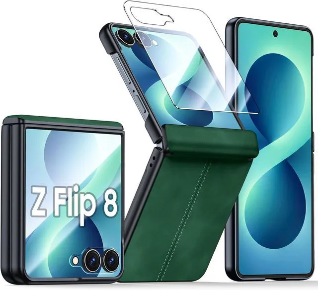 Main image of Case for Galaxy Z Flip 8 with Hinge Protection & Screen Protector, Ultra-Thin Slim Matte PU Leather PC Shockproof Cover, Scratch-Resistant Bumper Protective Case for Samsung Z Flip 8 - Black Green