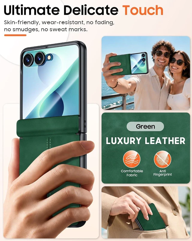 Alt view image 5 of 7 - Case for Galaxy Z Flip 8 with Hinge Protection & Screen Protector, Ultra-Thin Slim Matte PU Leather PC Shockproof Cover, Scratch-Resistant Bumper Protective Case for Samsung Z Flip 8 - Black Green