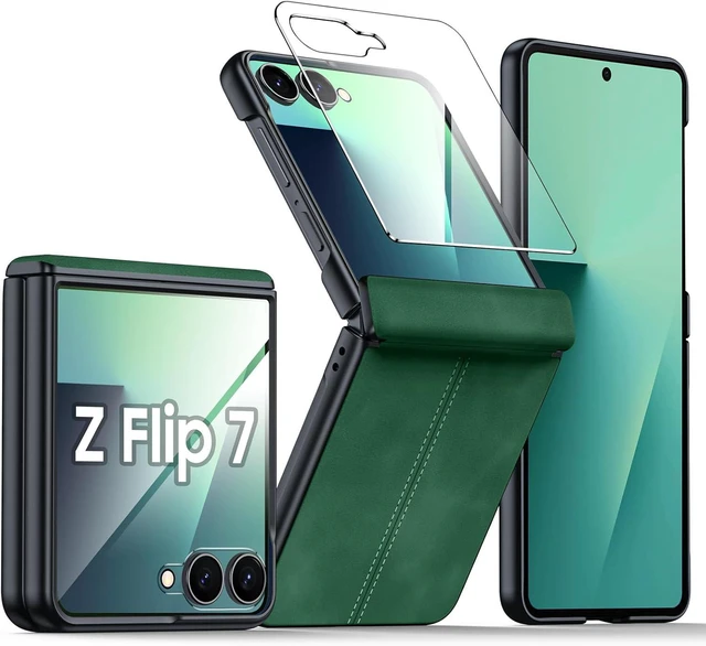 Main image of Case for Galaxy Z Flip 7 with Hinge Protection & Screen Protector, Ultra-Thin Slim Matte PU Leather PC Shockproof Cover, Scratch-Resistant Bumper Protective Case for Samsung Z Flip 7 - Black Green