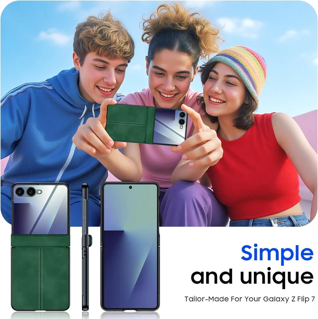 Alt view image 5 of 7 - Case for Galaxy Z Flip 7 with Hinge Protection & Screen Protector, Ultra-Thin Slim Matte PU Leather PC Shockproof Cover, Scratch-Resistant Bumper Protective Case for Samsung Z Flip 7 - Black Green