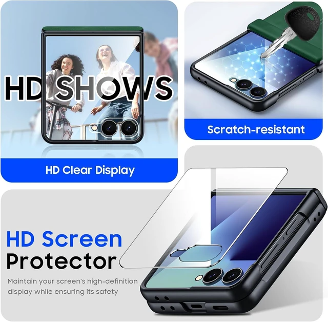 Alt view image 4 of 7 - Case for Galaxy Z Flip 7 with Hinge Protection & Screen Protector, Ultra-Thin Slim Matte PU Leather PC Shockproof Cover, Scratch-Resistant Bumper Protective Case for Samsung Z Flip 7 - Black Green