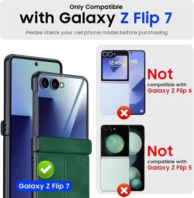 Alt view image 2 of 7 - Case for Galaxy Z Flip 7 with Hinge Protection & Screen Protector, Ultra-Thin Slim Matte PU Leather PC Shockproof Cover, Scratch-Resistant Bumper Protective Case for Samsung Z Flip 7 - Black Green