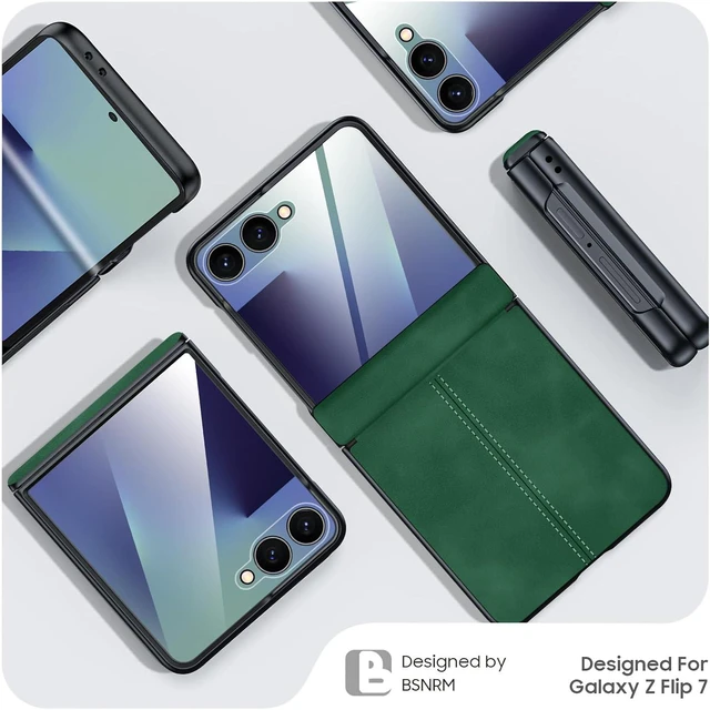 Alt view image 7 of 7 - Case for Galaxy Z Flip 7 with Hinge Protection & Screen Protector, Ultra-Thin Slim Matte PU Leather PC Shockproof Cover, Scratch-Resistant Bumper Protective Case for Samsung Z Flip 7 - Black Green